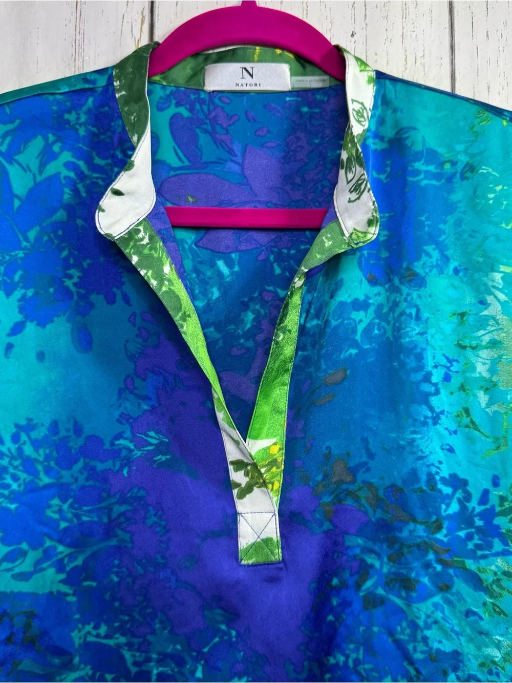 Natori Blue Green Abstract Swim Cover Up Size L Resort Beach Pool Dolman Sleeve